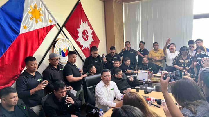 The 18-ex marines with lawyer Levi Baligod face the media on Monday in the office of Senator Robin Padilla.