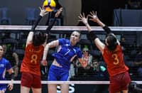 YULIYA Fomenko bangs in a kill past Vietnam’s Thi Thanh Thuy Tran (No. 3) and Thanh Thuy Le as Kazakhstan scores a five-set escape to complete a five-game sweep in Pool B of the 2026 AVC Women’s Volleyball Cup.