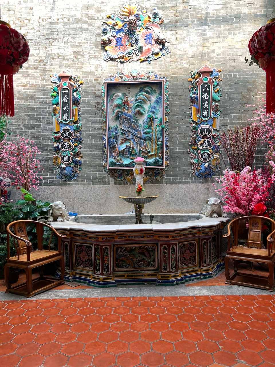 AN ornate fountain invites us to relax.