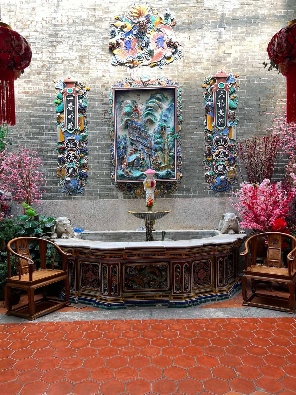 AN ornate fountain invites us to relax.