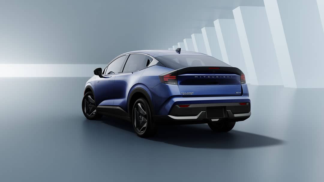REAR styling carries Mitsubishi badging, Eclipse Sportback EV details and lighting cues that separate it from the Nissan LEAF.