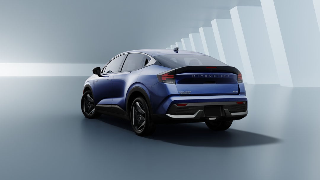 REAR styling carries Mitsubishi badging, Eclipse Sportback EV details and lighting cues that separate it from the Nissan LEAF.