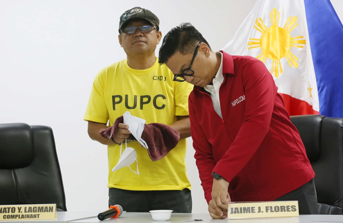 (June 15 2026) National Police Commission (NAPOLCOM) Commissioner Rarafael Vicente Calinisan, hold a press conference on Monday June 15 2026, to present to the media the arrested suspect, a 59 year old Jaime Flores a NAPOLCOM employee involving on a transport network vehicle service (TNVS) driver for threatening with a firearm, following a traffic altercation along EDSA in Mandaluyong City on Friday. Flores emotionally apologized to his family, and to the public for what he had done. Photo/Analy Labor