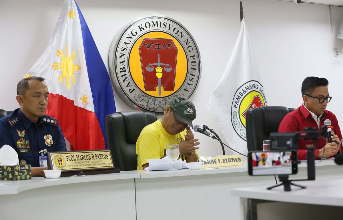 (June 15 2026) National Police Commission (NAPOLCOM) Commissioner Rarafael Vicente Calinisan, hold a press conference on Monday June 15 2026, to present to the media the arrested suspect, a 59 year old Jaime Flores a NAPOLCOM employee involving on a transport network vehicle service (TNVS) driver for threatening with a firearm, following a traffic altercation along EDSA in Mandaluyong City on Friday. Flores emotionally apologized to his family, and to the public for what he had done. Photo/Analy Labor