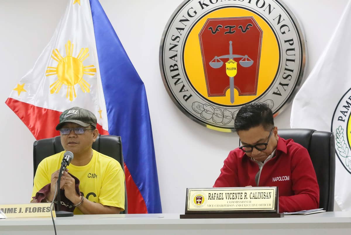 (June 15 2026) National Police Commission (NAPOLCOM) Commissioner Rarafael Vicente Calinisan, hold a press conference on Monday June 15 2026,  to present to the media the arrested suspect, a 59 year old Jaime Flores a NAPOLCOM employee involving on a transport network vehicle service (TNVS) driver for threatening with a firearm, following a traffic altercation along EDSA in Mandaluyong City on Friday. Flores emotionally apologized to his family, and to the public for what he had done. Photo/Analy Labor