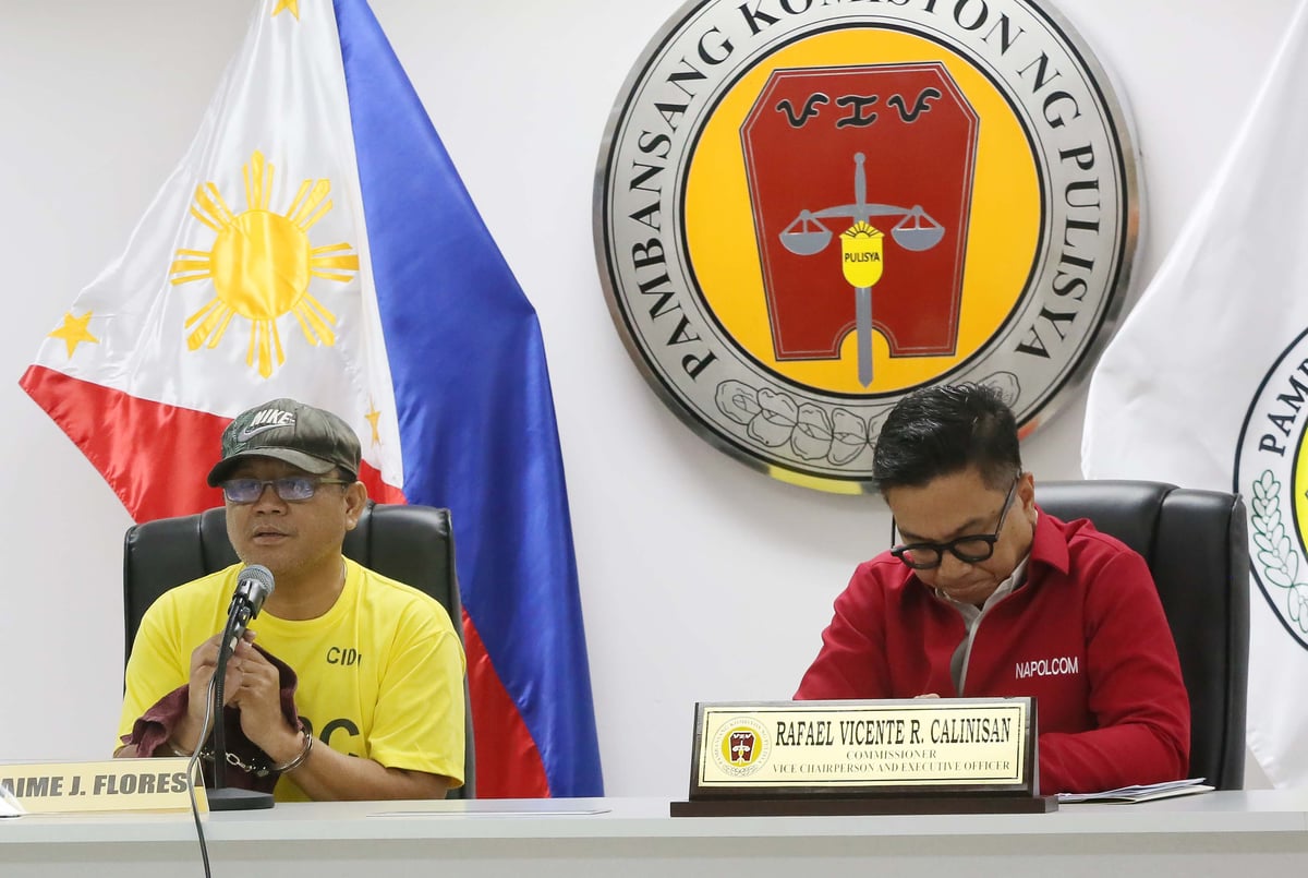 (June 15 2026) National Police Commission (NAPOLCOM) Commissioner Rarafael Vicente Calinisan, hold a press conference on Monday June 15 2026, to present to the media the arrested suspect, a 59 year old Jaime Flores a NAPOLCOM employee involving on a transport network vehicle service (TNVS) driver for threatening with a firearm, following a traffic altercation along EDSA in Mandaluyong City on Friday. Flores emotionally apologized to his family, and to the public for what he had done. Photo/Analy Labor