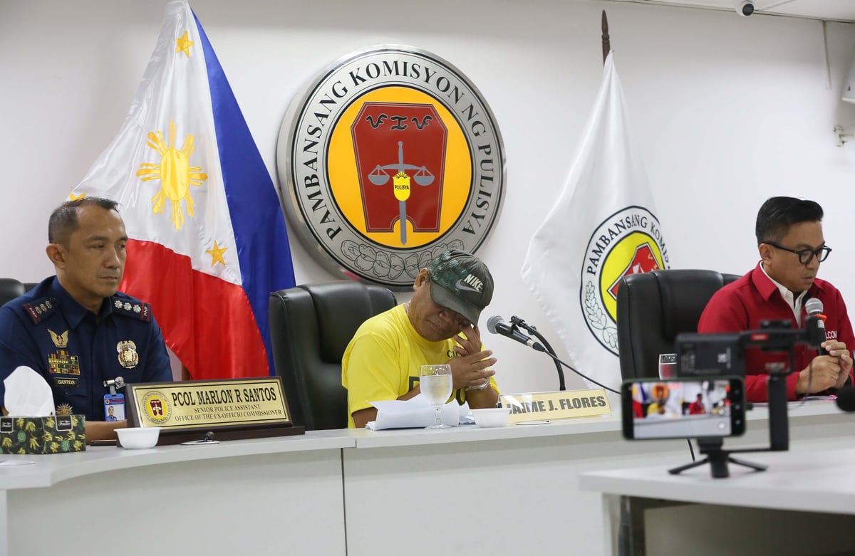 (June 15 2026) National Police Commission (NAPOLCOM) Commissioner Rarafael Vicente Calinisan, hold a press conference on Monday June 15 2026, to present to the media the arrested suspect, a 59 year old Jaime Flores a NAPOLCOM employee involving on a transport network vehicle service (TNVS) driver for threatening with a firearm, following a traffic altercation along EDSA in Mandaluyong City on Friday. Flores emotionally apologized to his family, and to the public for what he had done. Photo/Analy Labor