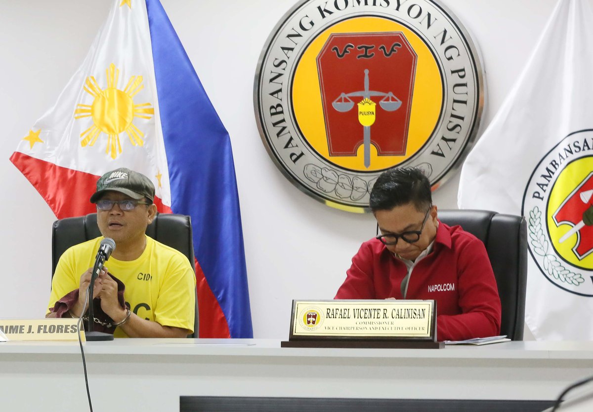 (June 15 2026) National Police Commission (NAPOLCOM) Commissioner Rarafael Vicente Calinisan, hold a press conference on Monday June 15 2026, to present to the media the arrested suspect, a 59 year old Jaime Flores a NAPOLCOM employee involving on a transport network vehicle service (TNVS) driver for threatening with a firearm, following a traffic altercation along EDSA in Mandaluyong City on Friday. Flores emotionally apologized to his family, and to the public for what he had done. Photo/Analy Labor