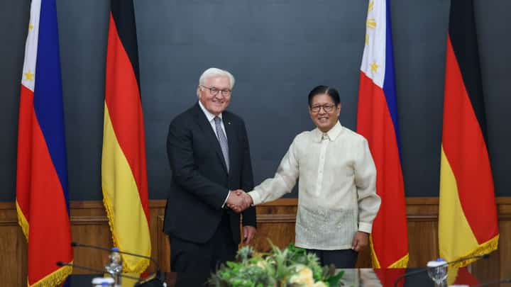 Federal Republic of Germany President Frank Walter Steinmeier and President Ferdinand Marcos Jr. shake hands after their bilateral meeting at Malacanang Palace on Tuesday.