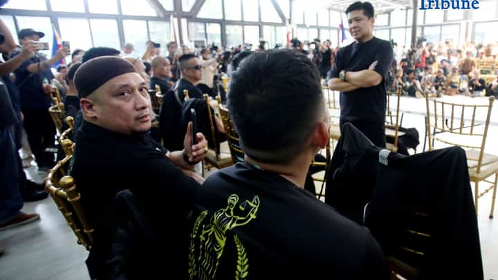 (June 16 2026) Former Congressman Mike Defensor along with the 22 Marines gathered at the Doublegem EDSA Garden Event place in Mandaluyong City, on Tuesday June 16 2026 where the supposed Senate blue ribbon committee hearing of the bloc led by Sen. Alan Peter Cayetano be held. Photo/Analy Labor