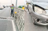 A Philippine National Police-Highway Patrol Group officer documents the expansion joint area along Skyway Stage 3 after a detached roadway cover allegedly struck a passing vehicle. The incident, which occurred on 13 June along the southbound lane, left a car damaged and prompted an inspection of the affected section.