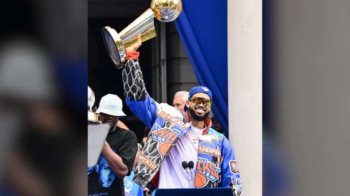 KARL-ANTHONY Towns and the New York Knicks celebrate their NBA conquest with a victory parade on the streets of Manhattan on Thursday.