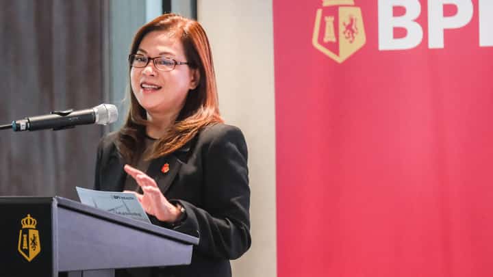 BPI Wealth president and CEO Tere Marcial speaks at the launch of its new peso-denominated share classes, which allows BPI users to participate in global capital markets for as little as P1,000.