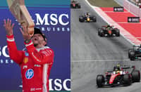 HAMILTON celebrates on the podium after giving Ferrari its first victory of the season at the Catalonia Grand Prix.