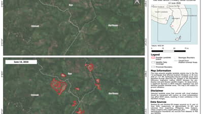 Satellite images released by the Philippine Space Agency (PhilSA) show possible landslide-affected areas in Glan, Sarangani, following the magnitude 7.8 earthquake that struck Mindanao on 8 June.