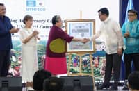 UNACOM commissioner and National Museum of the Philippines director-general Jeremy Barns; National Council of Women of the Philippines chairperson Cecilia La Madrid-Dy; Secretary of Foreign Affairs Maria Theresa P. Lazaro; PHLPost Postmaster and CEO Maximo Sta. Maria III and UNACOM Secretary-General Dr. Ivan Anthony S. Henares unveil the commemorative stamps.