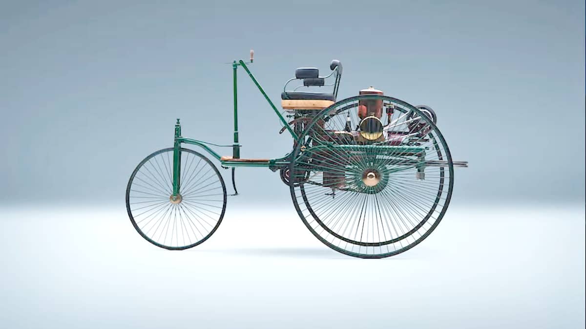 HISTORY begins with the Benz Patent-Motorwagen, the three-wheeled vehicle tied to the birth of the automobile.