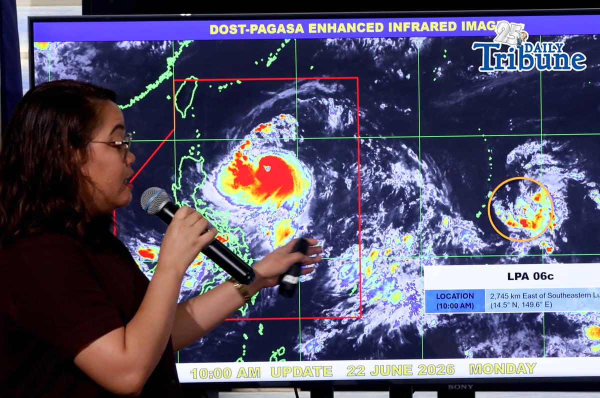 (June 22 2026) Philippine Atmospheric, Geophysical and Astronomical Services Administration PAGASA weather forecaster Charmagne Varilla, show the projected track of Typhoon Francisco (international name: Mekkhala) and the new LPA outside the PAR during a press conference on Monday June 22, 2026. The center of the eye of Typhoon FRANCISCO was estimated based on all available data at 620 km East of Tuguegarao City, Cagayan (17.5°N, 127.6°E). Intensity Maximum sustained winds of 155 km/h near the center, gustiness of up to 190 km/h, and central pressure of 955 hPa. Present Movement West northwestward at 15 km/h Extent of Tropical Cyclone Winds Strong to typhoon-force winds extend outwards up to 420 km. Photo/Analy Labor