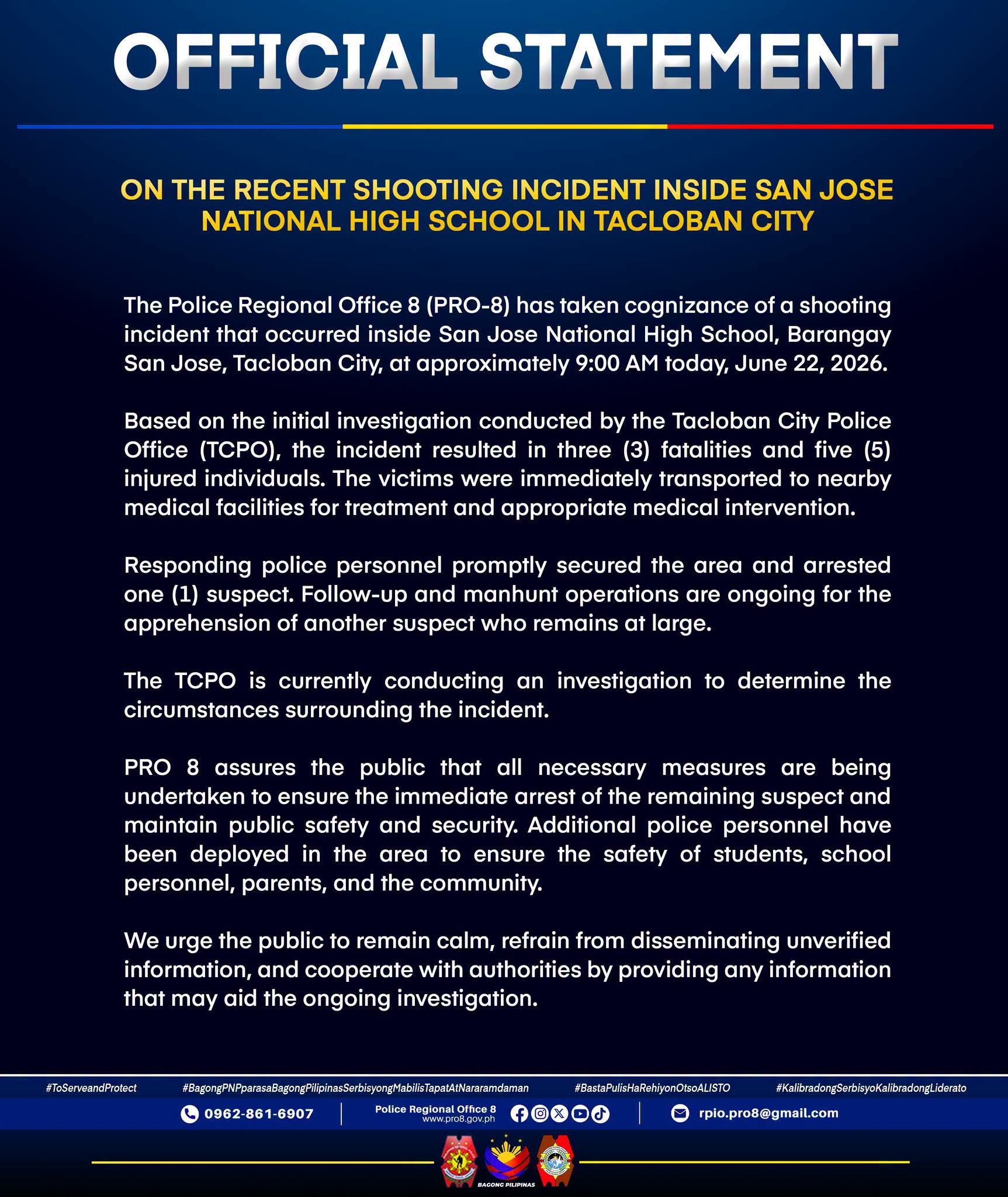 PRO8 issues statement on Tacloban City school shooting 