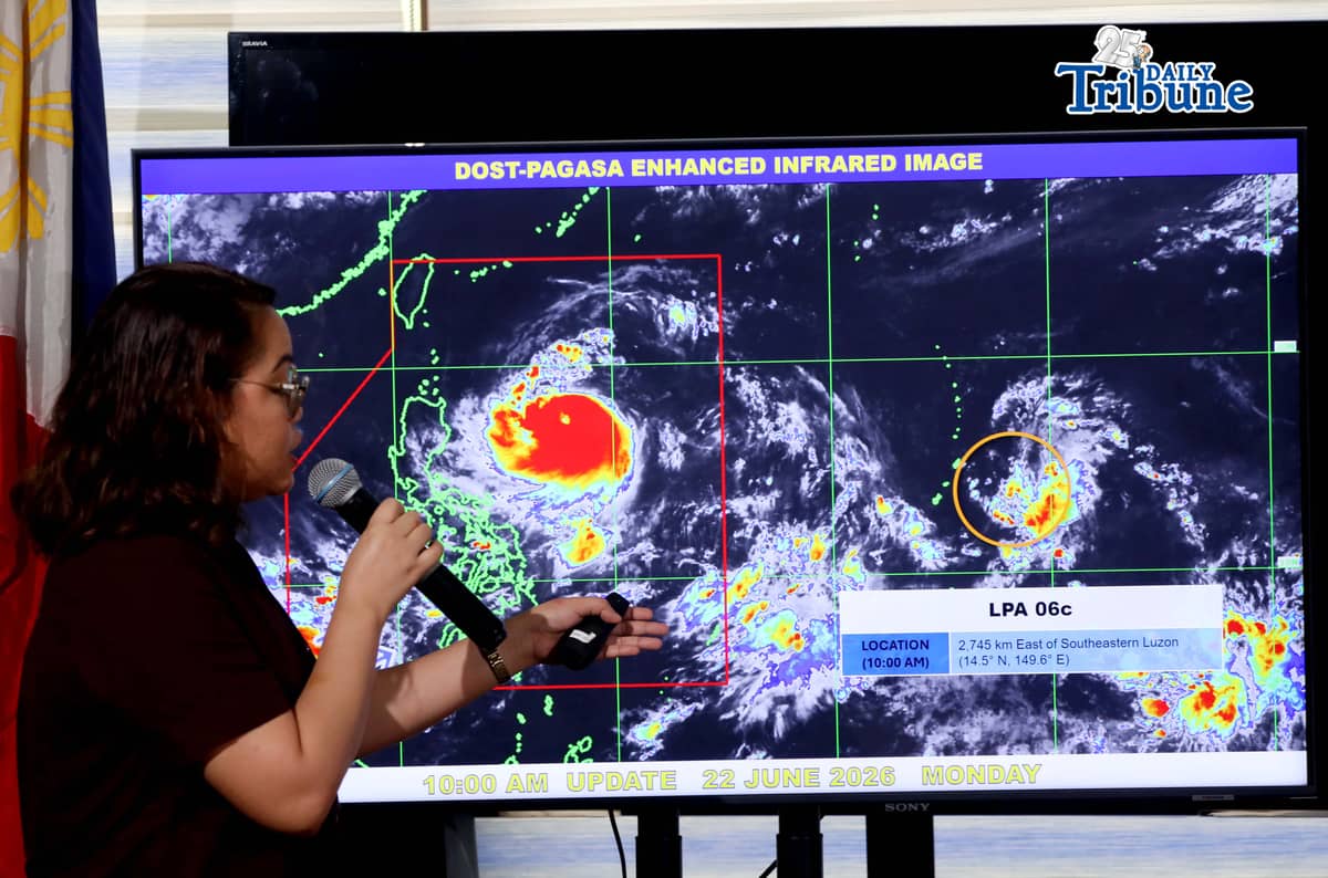 (June 22 2026) Philippine Atmospheric, Geophysical and Astronomical Services Administration PAGASA weather forecaster Charmagne Varilla, show the projected track of Typhoon Francisco (international name: Mekkhala) and the new LPA outside the PAR during a press conference on Monday June 22, 2026. The center of the eye of Typhoon FRANCISCO was estimated based on all available data at 620 km East of Tuguegarao City, Cagayan (17.5°N, 127.6°E). Intensity Maximum sustained winds of 155 km/h near the center, gustiness of up to 190 km/h, and central pressure of 955 hPa. Present Movement West northwestward at 15 km/h Extent of Tropical Cyclone Winds Strong to typhoon-force winds extend outwards up to 420 km. Photo/Analy Labor