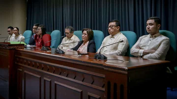 The prosecution team from the House of Representatives answers media queries on 22 June, during the second day of the pre-trial conference for Vice President Sara Duterte's impeacment trial.