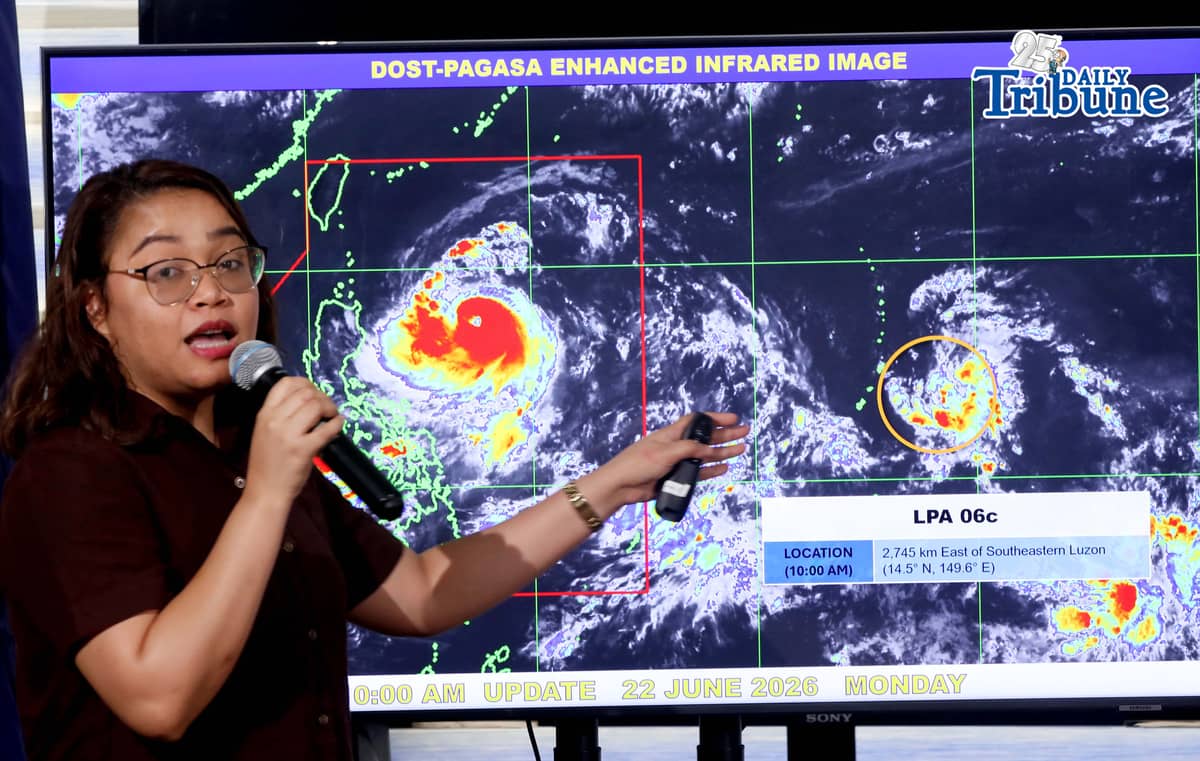 (June 22 2026) Philippine Atmospheric, Geophysical and Astronomical Services Administration PAGASA weather forecaster Charmagne Varilla, show the projected track of Typhoon Francisco (international name: Mekkhala) and the new LPA outside the PAR during a press conference on Monday June 22, 2026. The center of the eye of Typhoon FRANCISCO was estimated based on all available data at 620 km East of Tuguegarao City, Cagayan (17.5°N, 127.6°E). Intensity Maximum sustained winds of 155 km/h near the center, gustiness of up to 190 km/h, and central pressure of 955 hPa. Present Movement West northwestward at 15 km/h Extent of Tropical Cyclone Winds Strong to typhoon-force winds extend outwards up to 420 km. Photo/Analy Labor