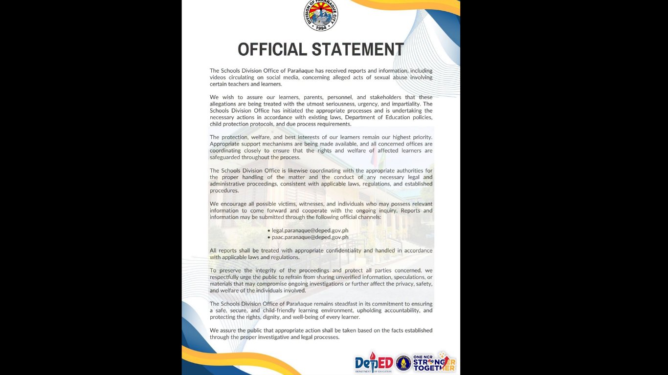 Parañaque schools division investigates sexual abuse allegations
