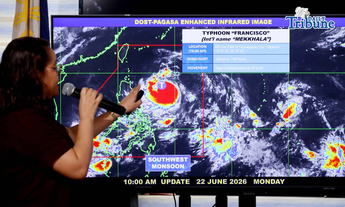 (June 22 2026) Philippine Atmospheric, Geophysical and Astronomical Services Administration PAGASA weather forecaster Charmagne Varilla, show the projected track of Typhoon Francisco (international name: Mekkhala) and the new LPA outside the PAR during a press conference on Monday June 22, 2026. The center of the eye of Typhoon FRANCISCO was estimated based on all available data at 620 km East of Tuguegarao City, Cagayan (17.5°N, 127.6°E). Intensity Maximum sustained winds of 155 km/h near the center, gustiness of up to 190 km/h, and central pressure of 955 hPa. Present Movement West northwestward at 15 km/h Extent of Tropical Cyclone Winds Strong to typhoon-force winds extend outwards up to 420 km. Photo/Analy Labor