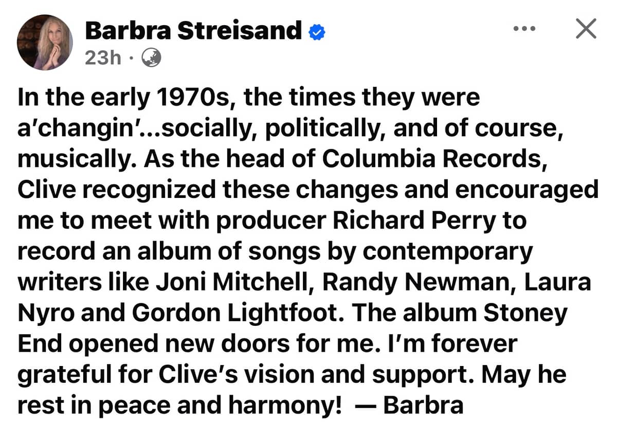 Streisands tribute post for Davis