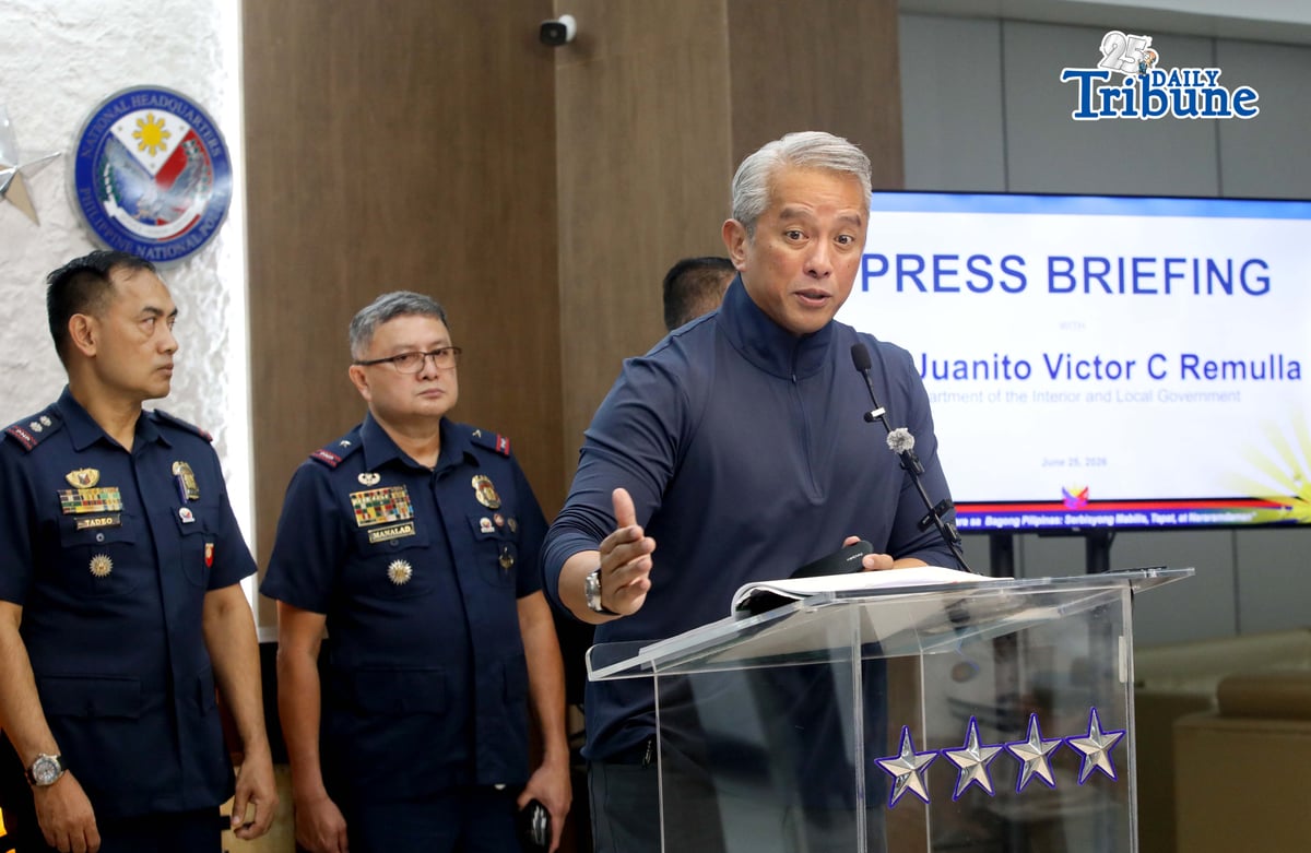 (June 25 2026) Department of Interior and Local Government Secretary Jonvic Remulla along with PNP Chief Melencio Nartatez hold a press conference regarding to the Tacloban incident, held at Camp Came on Thursday June 25 2026, He urged Congress to strengthen the law on gun ownership liability, he recommend to Congress that they rewrite the IRR of gun ownership and the responsibility of holding firearms and to put the criminal aspect into the illegal use or illegal transfer of their guns, and call to all netizen if they seen threat or imminent threat or chatter that they do bad, call 911 to inform authorities right away. Photo/Analy Labor