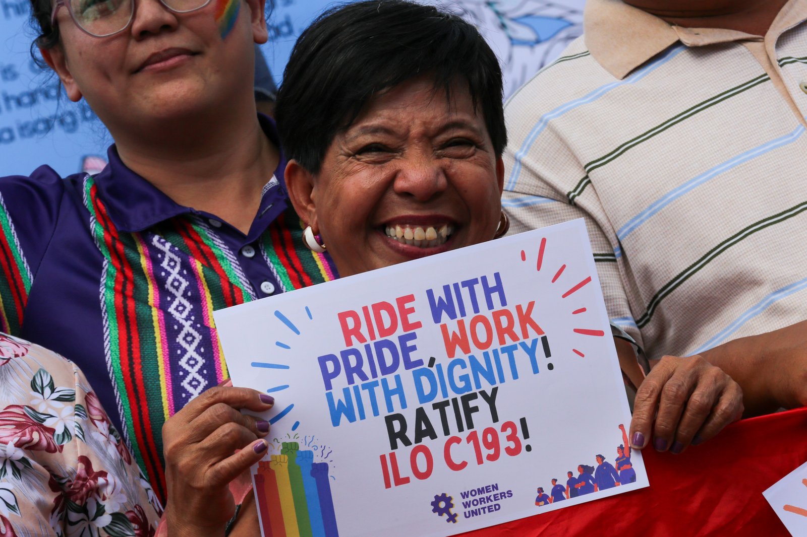 Members of the LGBTQIA+ community and their allies gather at Remedios Circle in Manila on 27 June 2026 during the Metro Pride March and Festival, calling for equality, dignity, justice, and human rights.