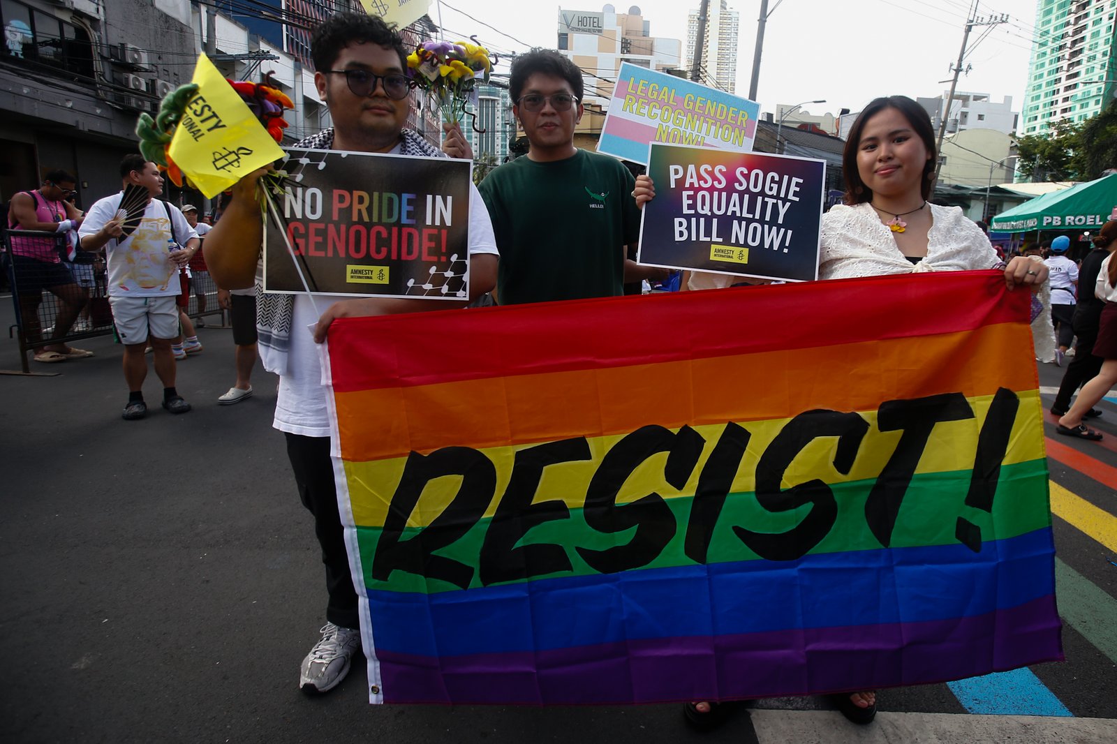 Members of the LGBTQIA+ community and their allies gather at Remedios Circle in Manila on 27 June 2026 during the Metro Pride March and Festival, calling for equality, dignity, justice, and human rights.