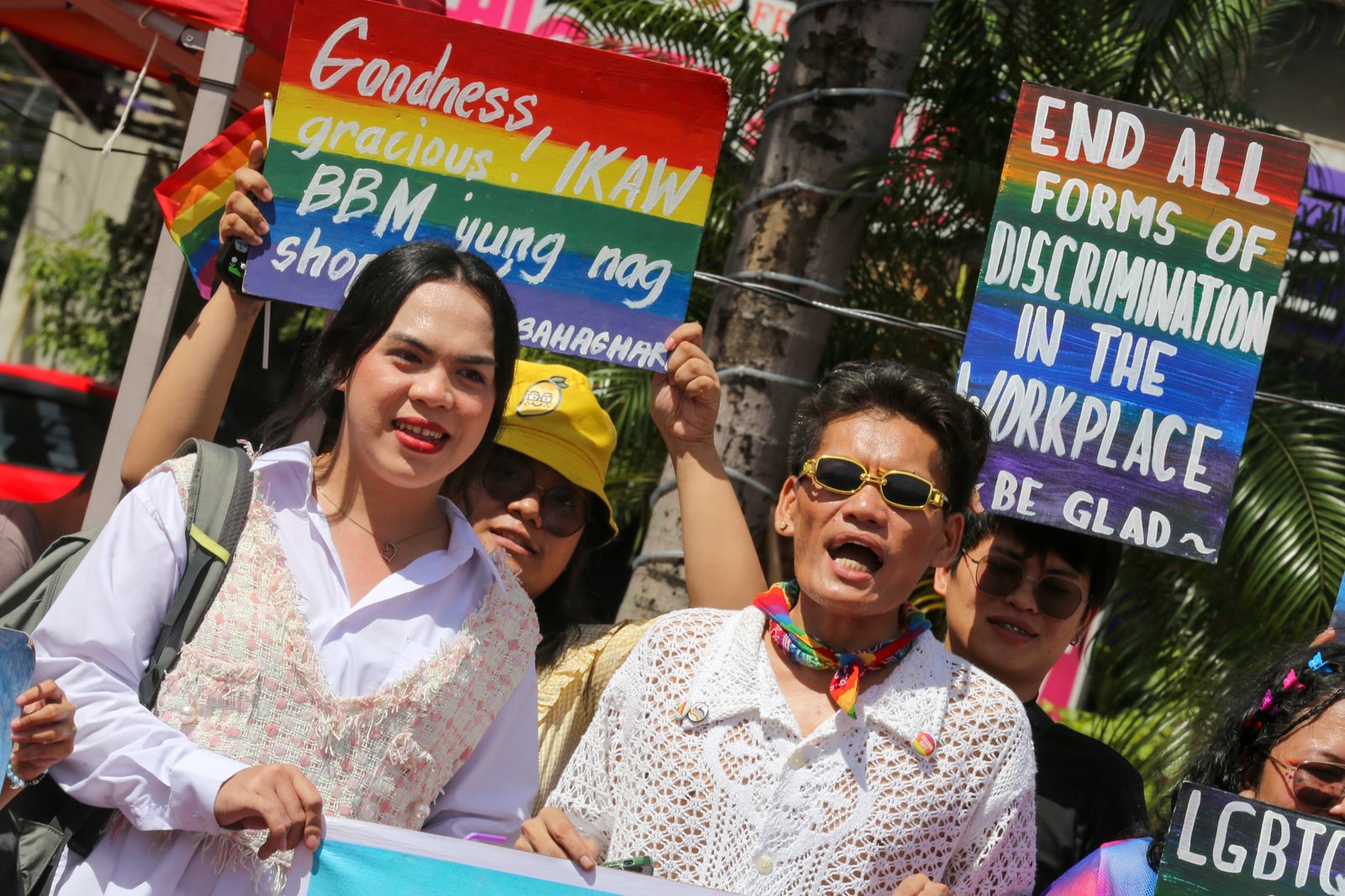 Members of the LGBTQIA+ community and their allies gather at Remedios Circle in Manila on 27 June 2026 during the Metro Pride March and Festival, calling for equality, dignity, justice, and human rights.
