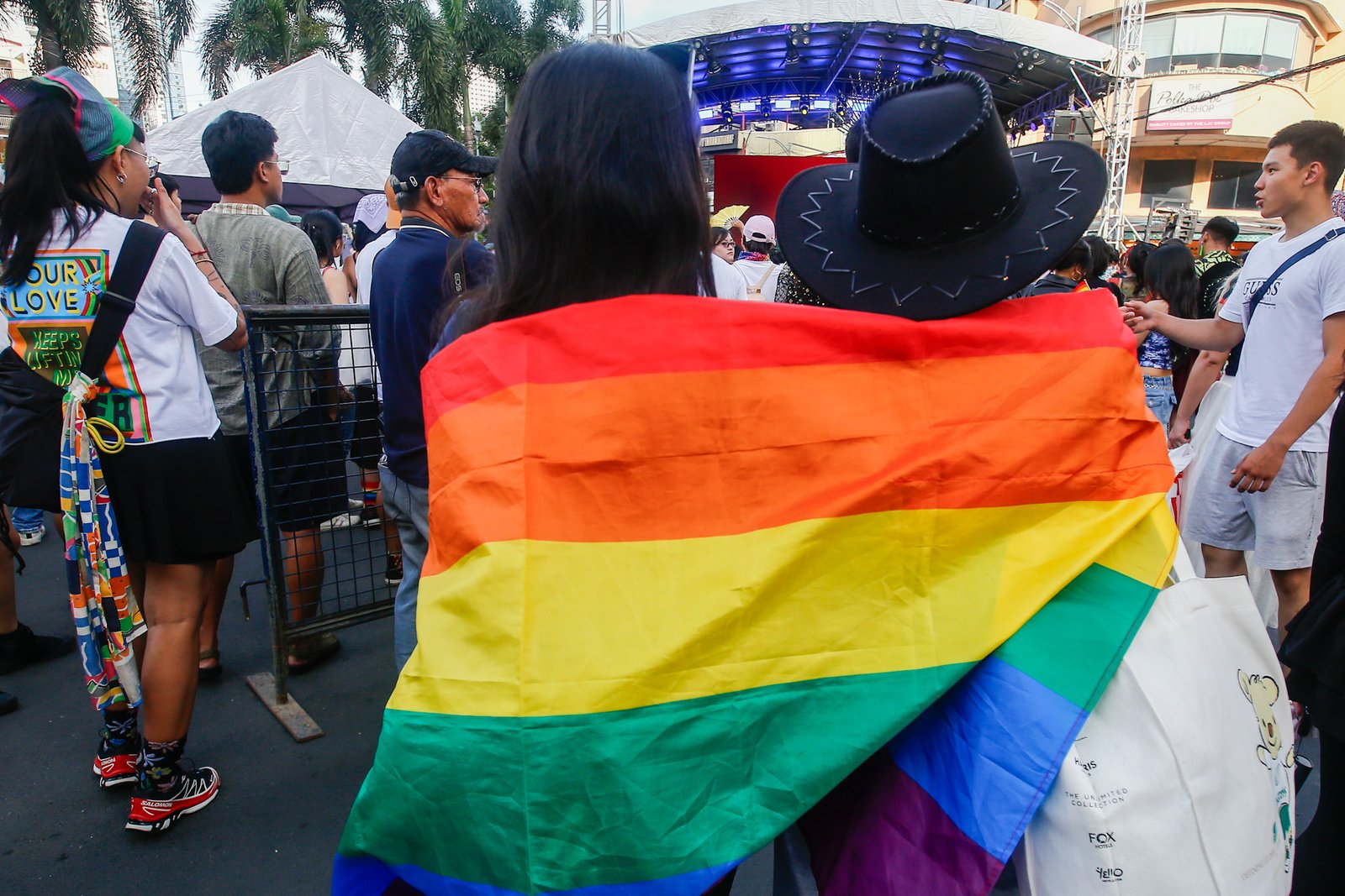 Members of the LGBTQIA+ community and their allies gather at Remedios Circle in Manila on 27 June 2026 during the Metro Pride March and Festival, calling for equality, dignity, justice, and human rights.