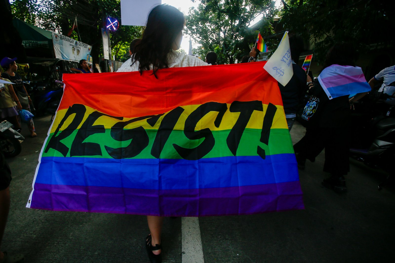 Members of the LGBTQIA+ community and their allies gather at Remedios Circle in Manila on 27 June 2026 during the Metro Pride March and Festival, calling for equality, dignity, justice, and human rights.