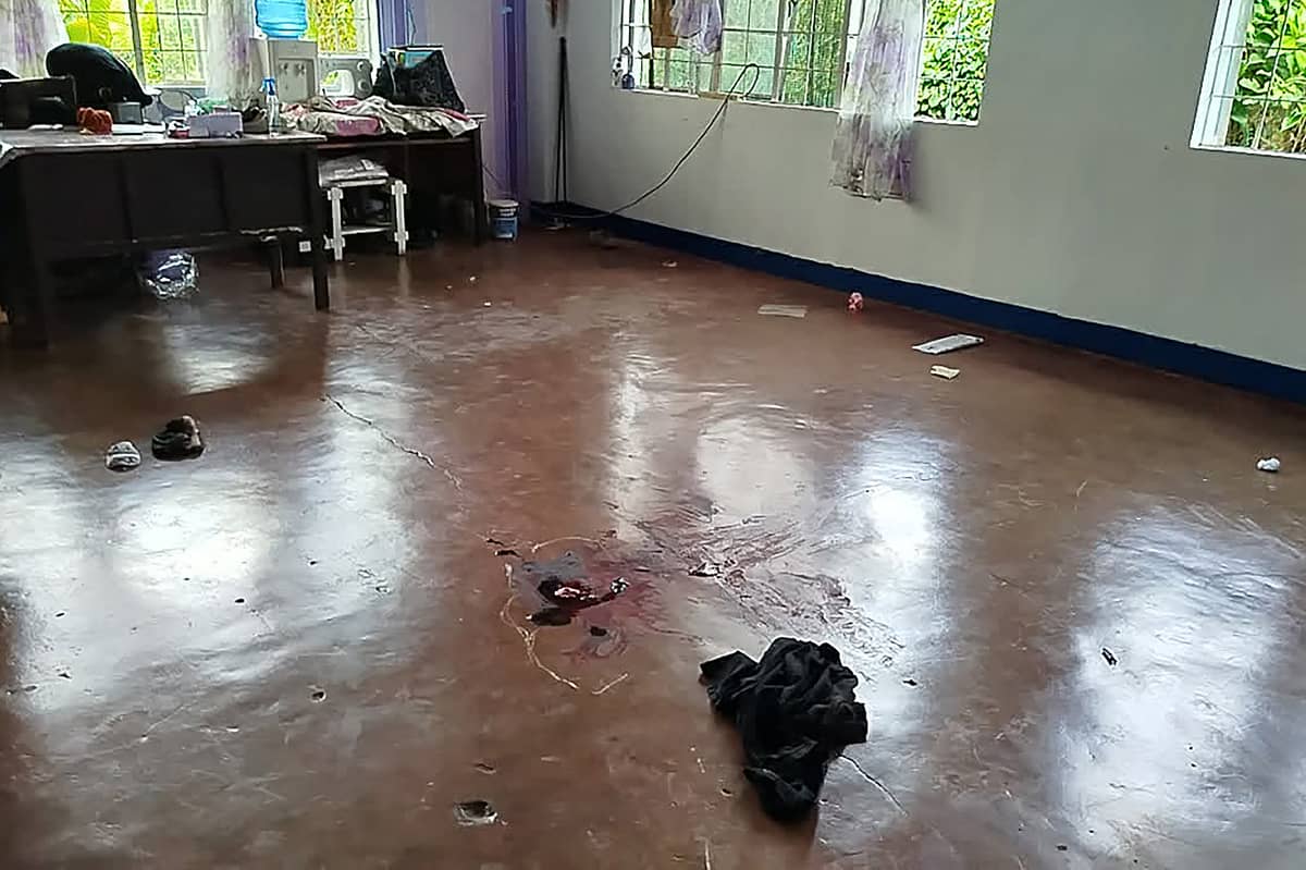 BLOOD on the floor in a classroom presents a jarring image