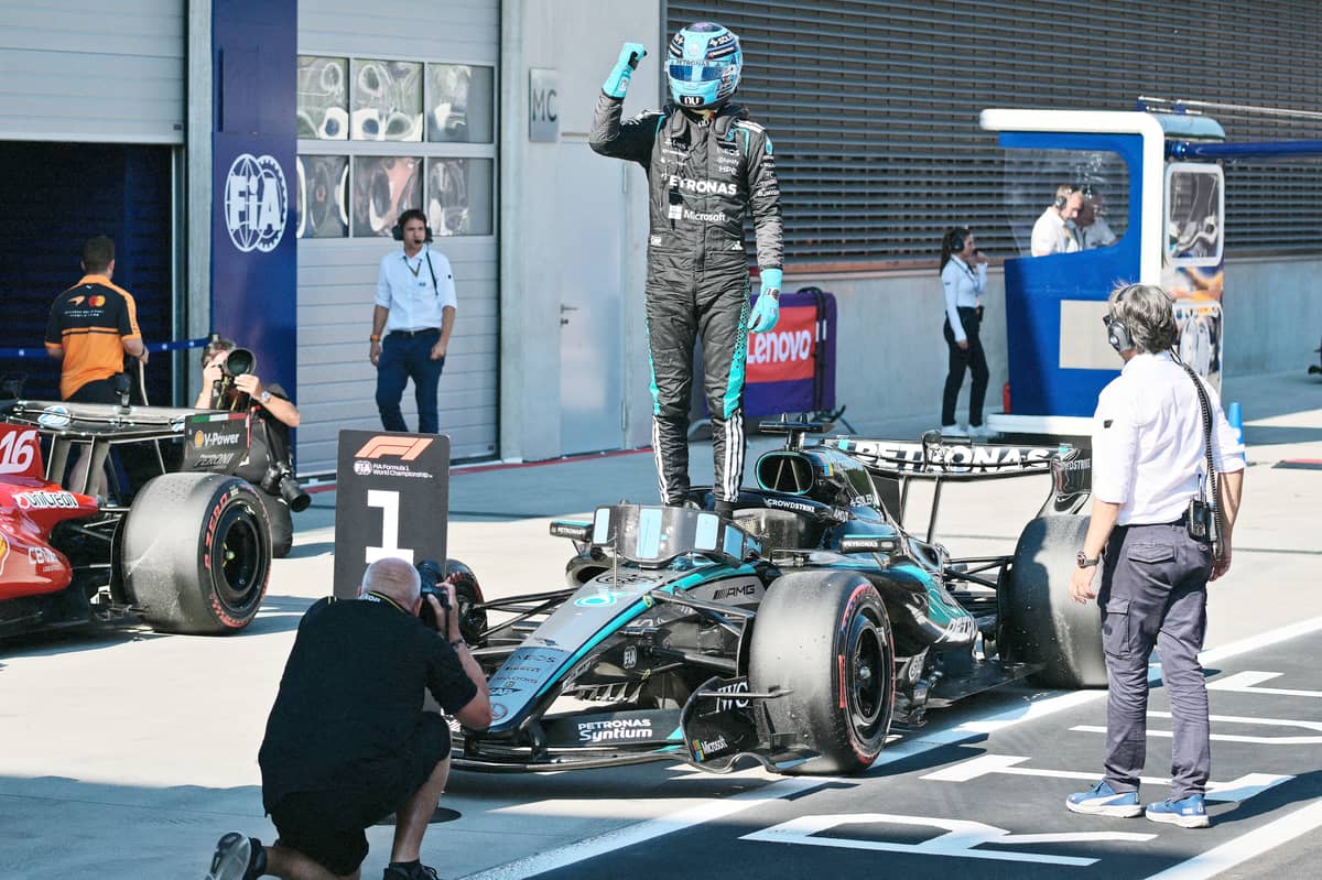 GEORGE Russell celebrates after securing pole position for the Austrian Grand Prix in Spielberg on 27 June 2026.