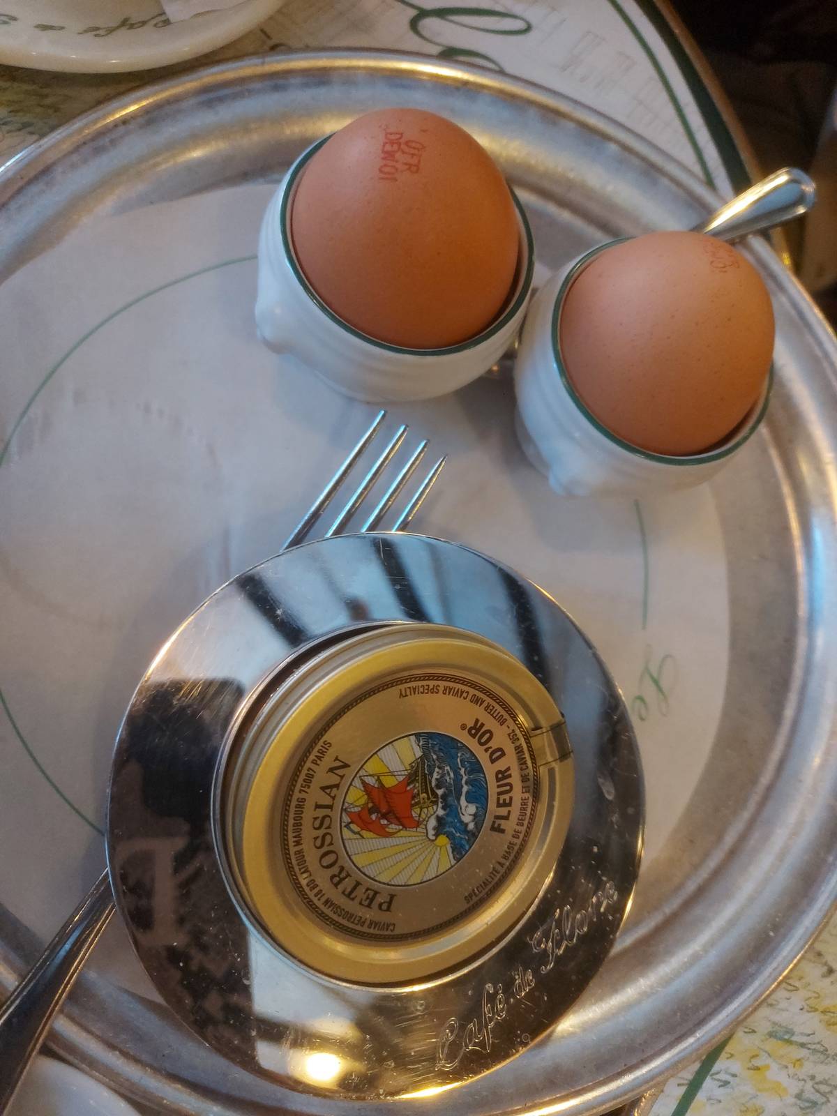 THE caviar is accompanied by two soft-boiled eggs served in traditional egg cups.