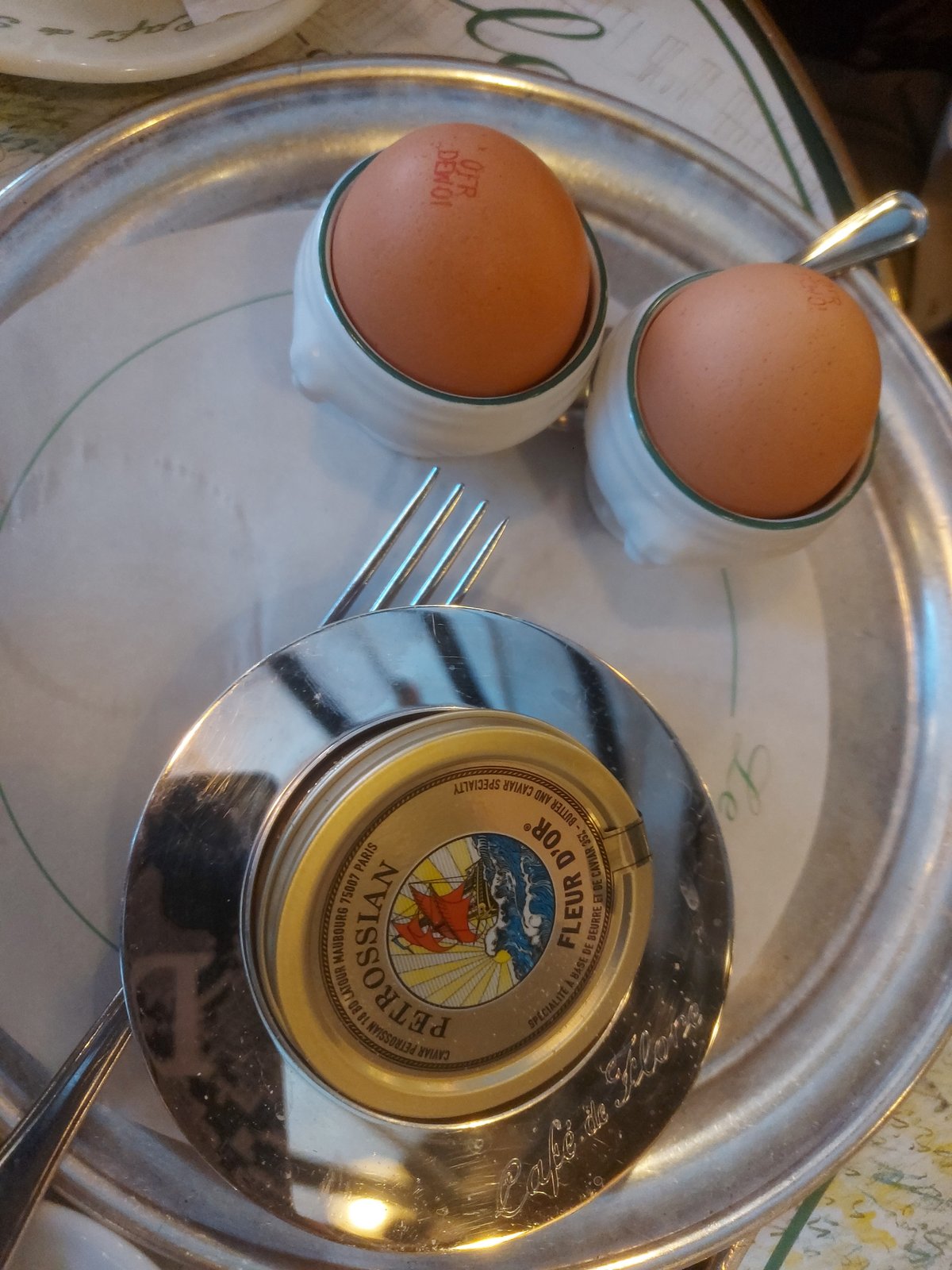 THE caviar is accompanied by two soft-boiled eggs served in traditional egg cups.