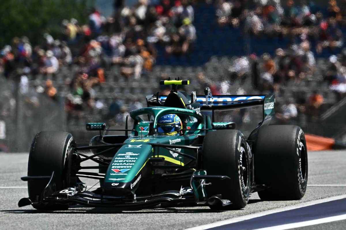 TRACKING his next move, Fernando Alonso drives the Aston Martin during practice for the Formula One Austrian Grand Prix at the Red Bull Ring in Spielberg, Austria.