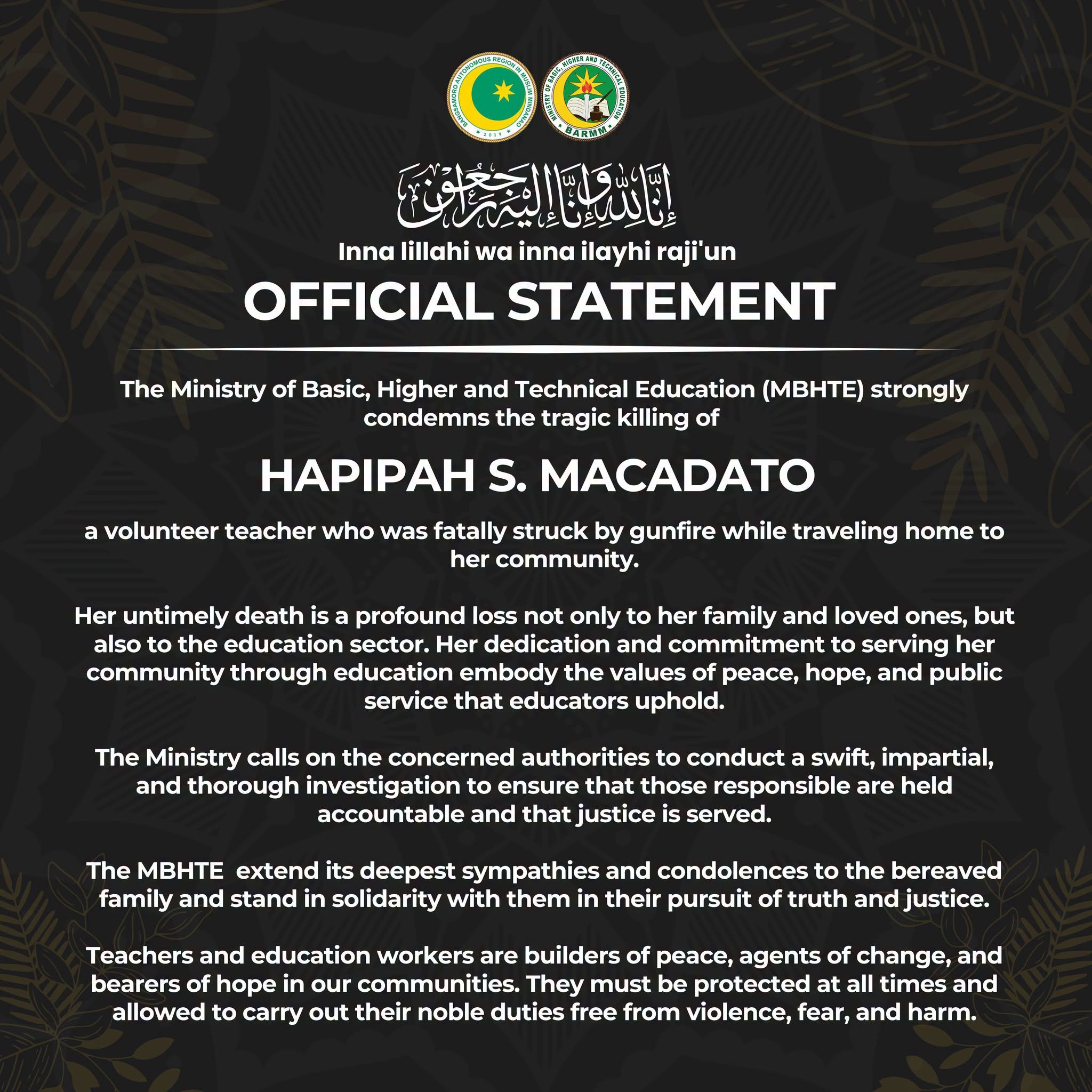MBHTE BARMM condemns death of volunteer teacher in Lanao del Sur ambush