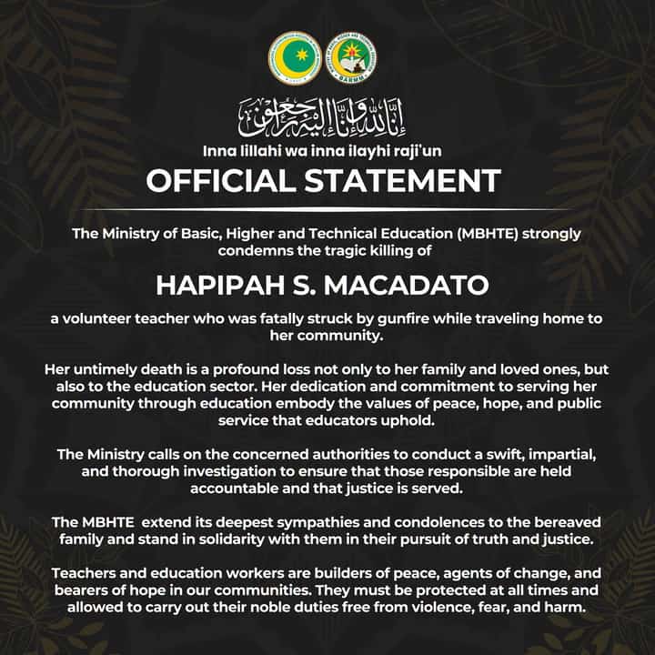 MBHTE BARMM condemns death of volunteer teacher in Lanao del Sur ambush