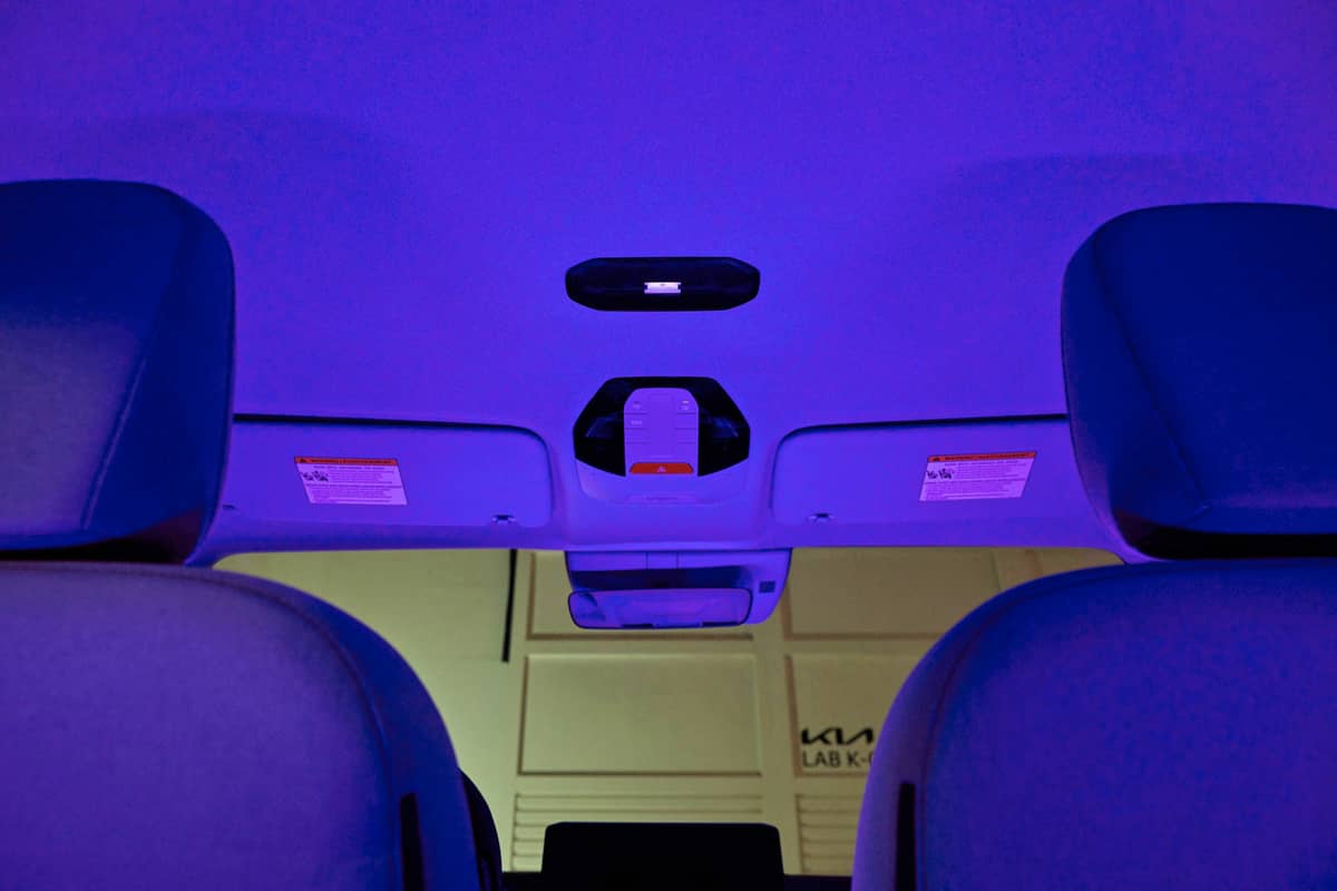FAR-UVC light fills the cabin during Hyundai Motor and Kia’s test of a sanitizing system still under research and development.