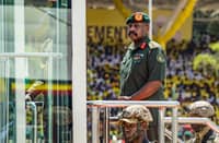 Muhoozi Kainerugaba, son of Yoweri Museveni and Uganda’s Chief of Defense Forces, inspects a military parade from a vehicle during the inauguration ceremony of his father following his reelection as president at the Kololo Ceremonial Grounds in Kampala.