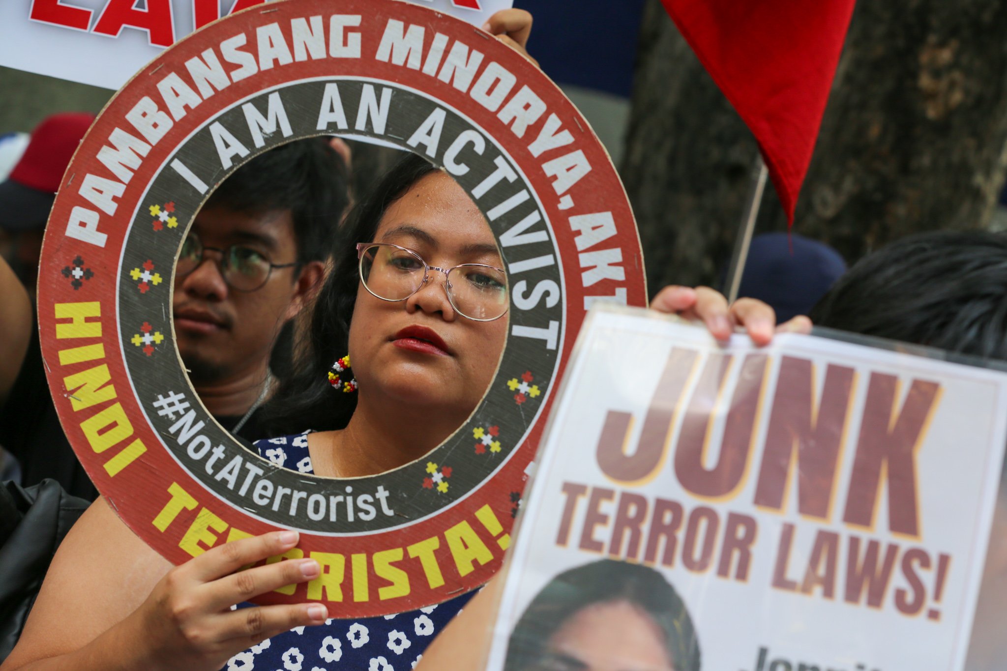 Human rights groups gather outside the Department of Justice on 03 July 2026 to protest alleged human rights violations linked to the implementation of the Anti-Terrorism Act of 2020 and the Terrorism Financing Prevention and Suppression Act of 2012. The demonstration also marks the sixth anniversary of the Anti-Terrorism Act's entry into force.