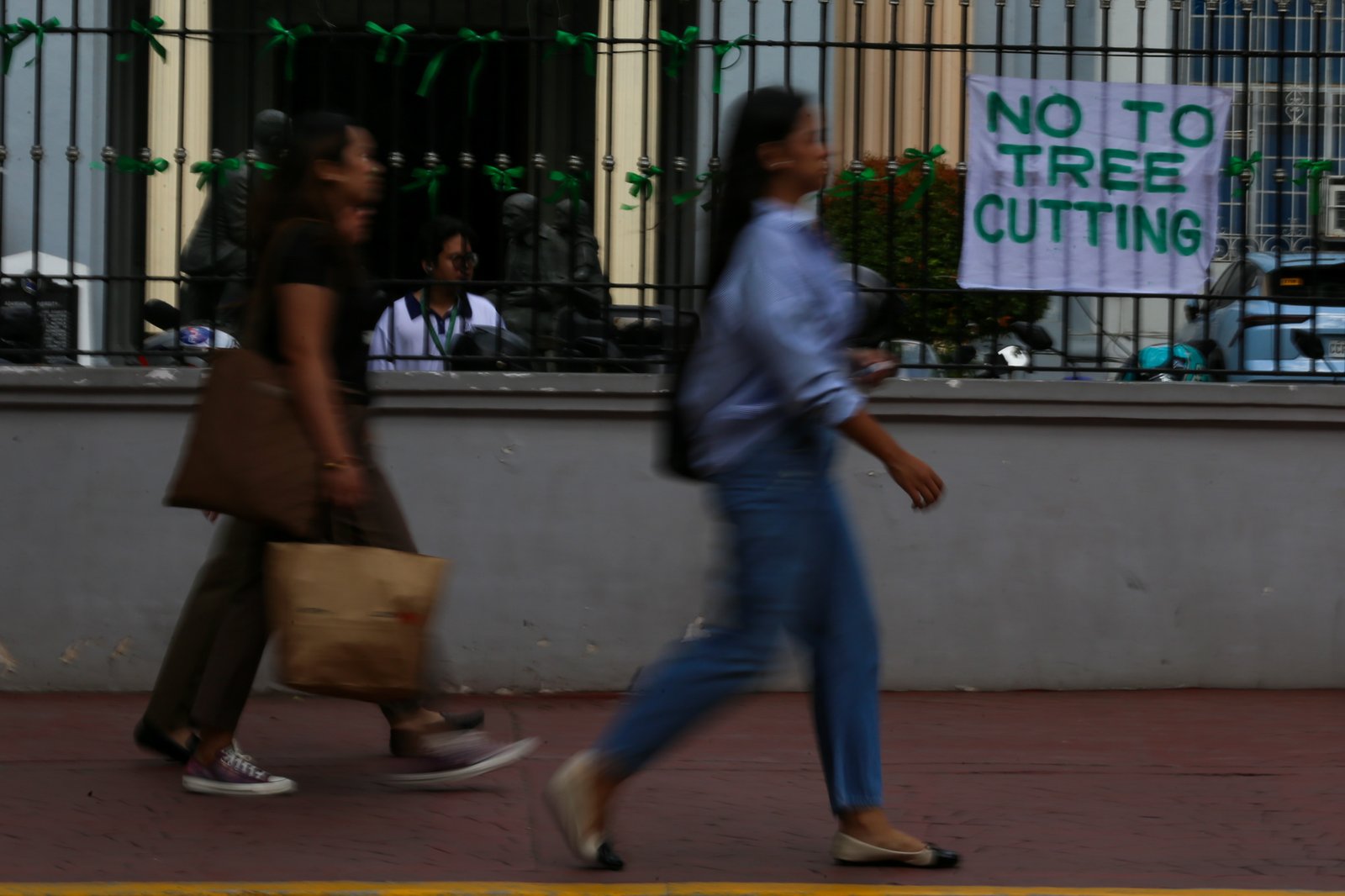 The Adamson University community displays green ribbons on its fences to call for the protection of green spaces and heritage sites and to protest the proposed construction of the Southern Access Link Expressway (SALEX). The community raises concerns over the project's possible impact on the university's campus environment, trees, surrounding community, and historical structures. The university has been designated a historical site by the National Historical Institute.