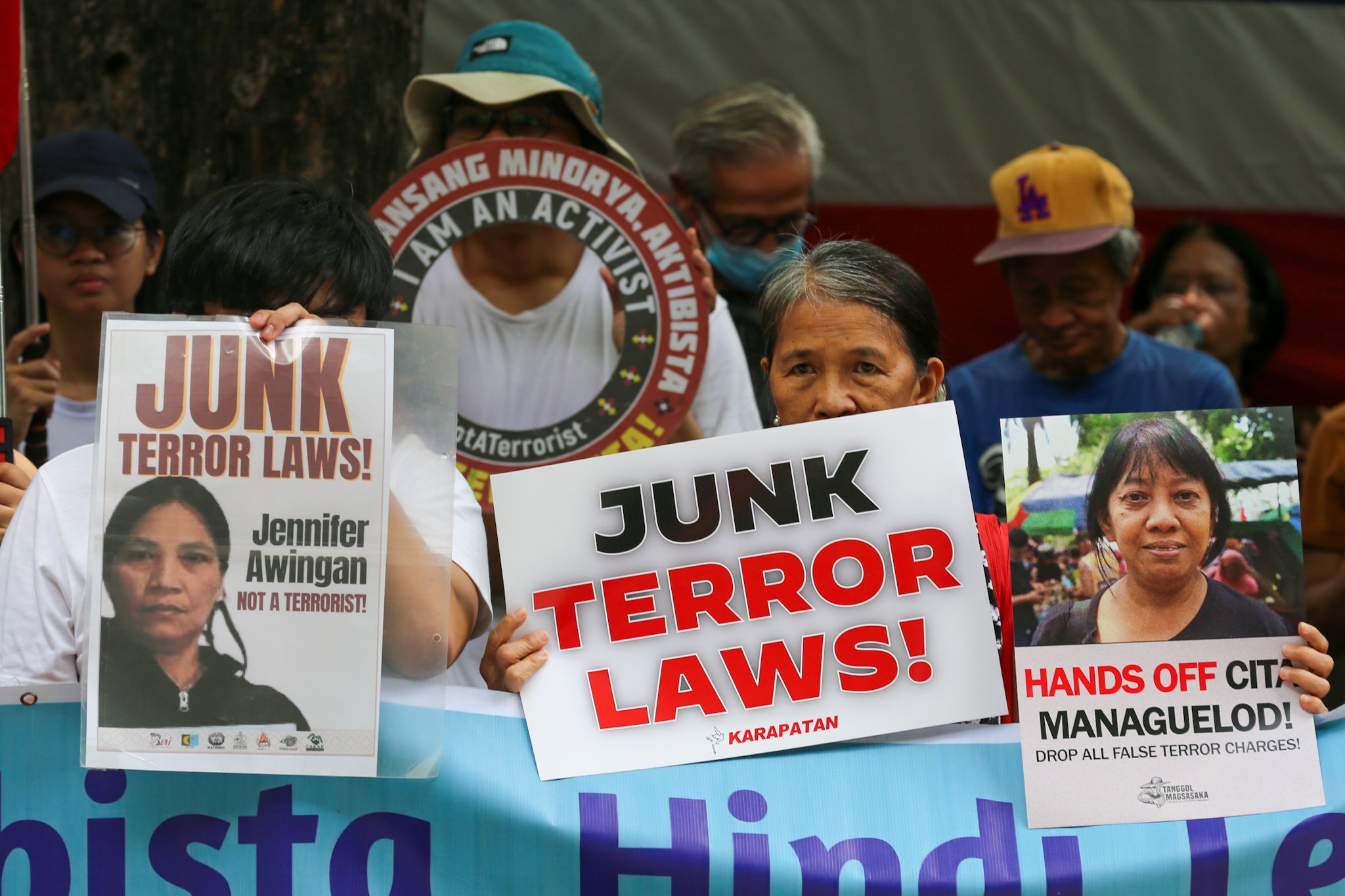 Human rights groups gather outside the Department of Justice on 03 July 2026 to protest alleged human rights violations linked to the implementation of the Anti-Terrorism Act of 2020 and the Terrorism Financing Prevention and Suppression Act of 2012. The demonstration also marks the sixth anniversary of the Anti-Terrorism Act's entry into force.