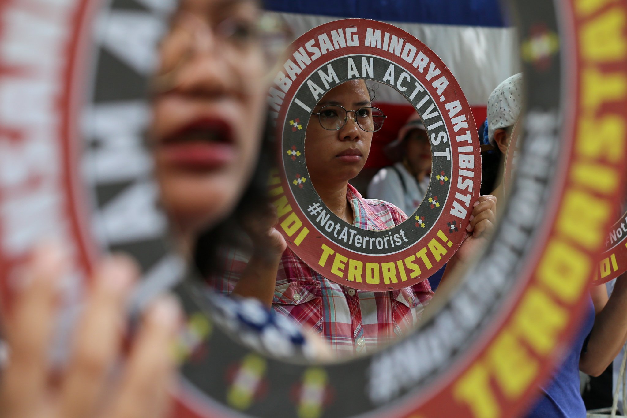 Human rights groups gather outside the Department of Justice on 03 July 2026 to protest alleged human rights violations linked to the implementation of the Anti-Terrorism Act of 2020 and the Terrorism Financing Prevention and Suppression Act of 2012. The demonstration also marks the sixth anniversary of the Anti-Terrorism Act's entry into force.