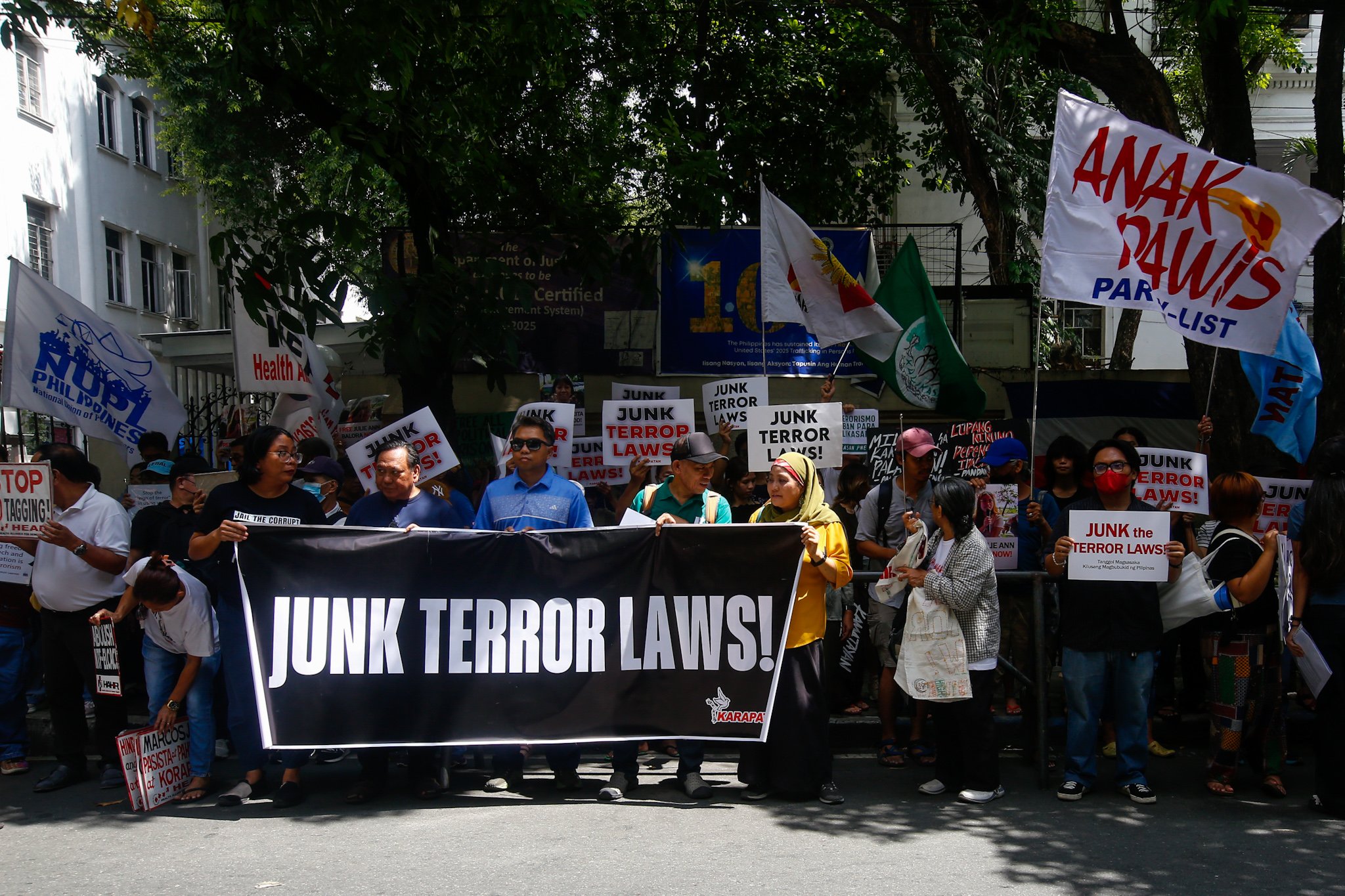 Human rights groups gather outside the Department of Justice on 03 July 2026 to protest alleged human rights violations linked to the implementation of the Anti-Terrorism Act of 2020 and the Terrorism Financing Prevention and Suppression Act of 2012. The demonstration also marks the sixth anniversary of the Anti-Terrorism Act's entry into force.