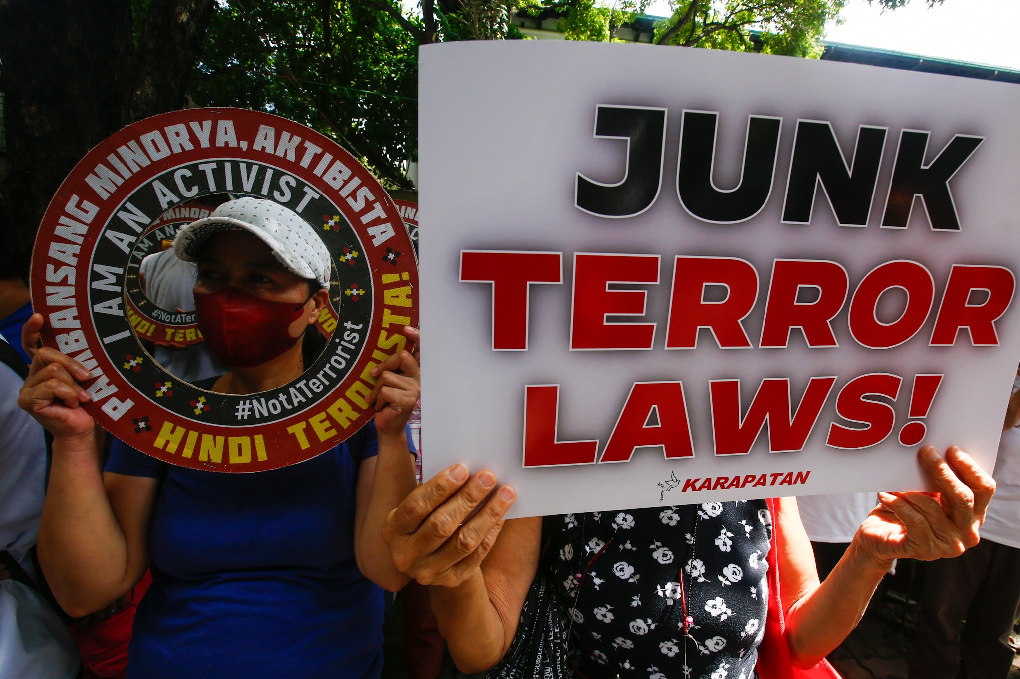 Human rights groups gather outside the Department of Justice on 03 July 2026 to protest alleged human rights violations linked to the implementation of the Anti-Terrorism Act of 2020 and the Terrorism Financing Prevention and Suppression Act of 2012. The demonstration also marks the sixth anniversary of the Anti-Terrorism Act's entry into force.
